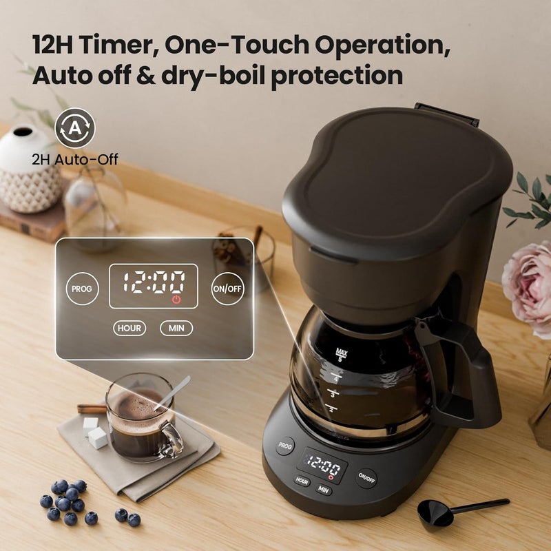 Kismile Compact Coffee Maker with LED Display, Small Drip Coffee Machine with Anti-Drip System, Timer, Auto Shut-Off, Dry-Boil Protection, Removable Funnel, Ideal for Home & Office (Black) - Image 5